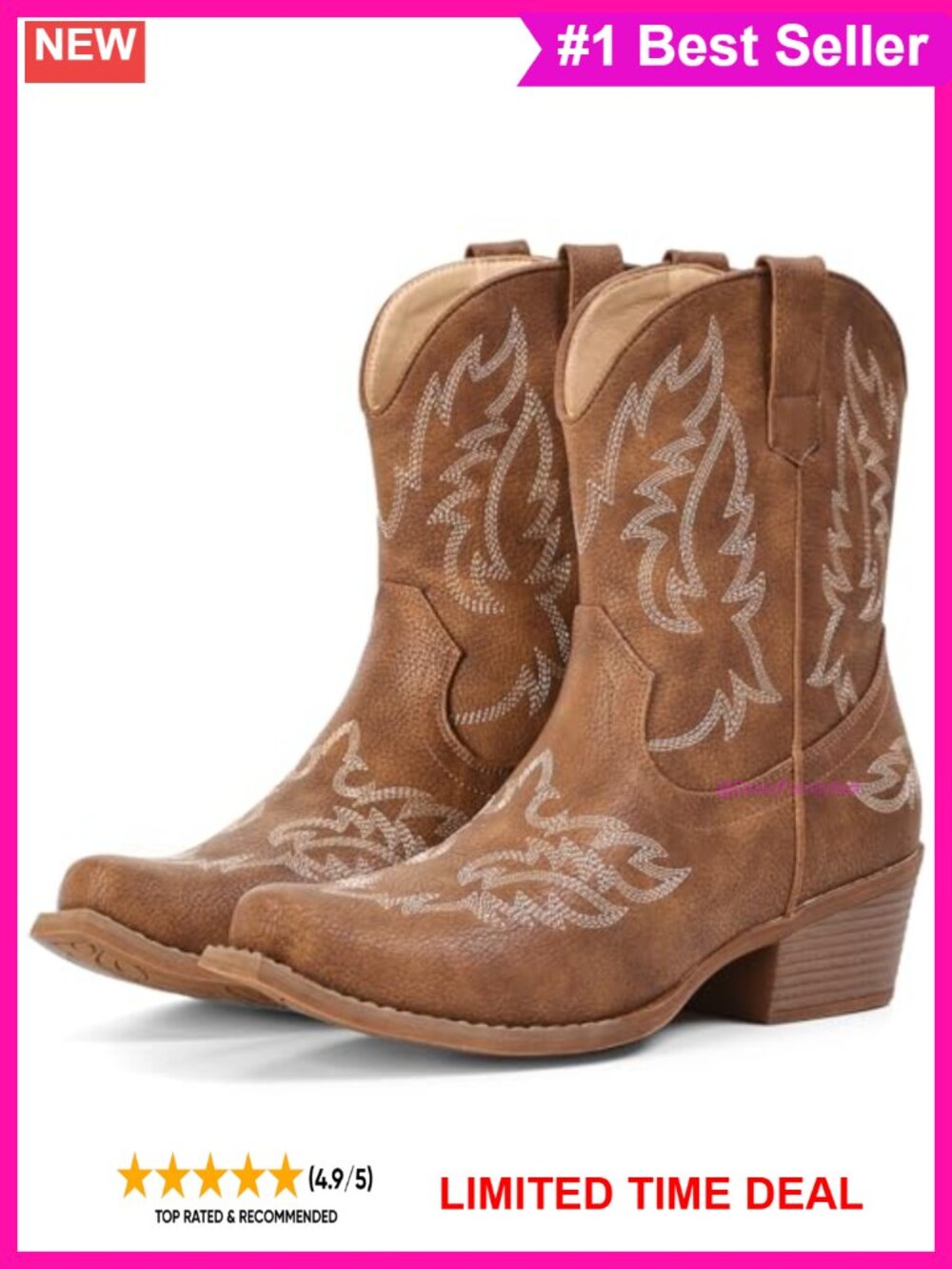 Faux Leather Western Ankle Boots Snip Toe Block Heel Cowgirl